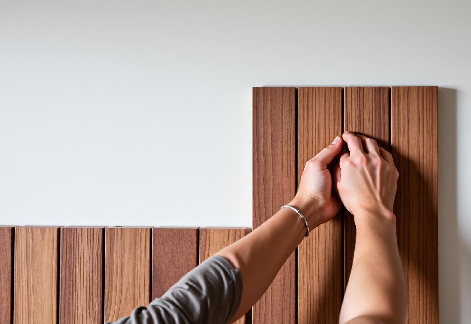 Hands fitting a vertical wood panel